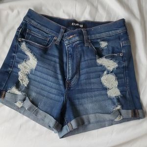 Express high waisted denim shorts with distressing